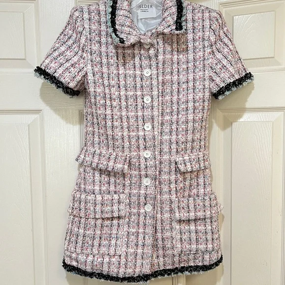 women Sz medium Enchanted Tweed mini Shirtdress quite luxury‎ old money pockets - Picture 3 of 16